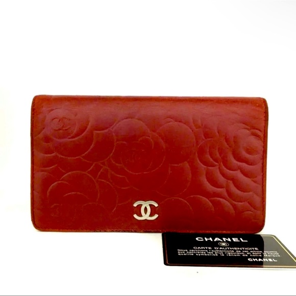CHANEL Handbags - AUTH CHANEL Camellia CC Logo Leather Long Bifold Wallet